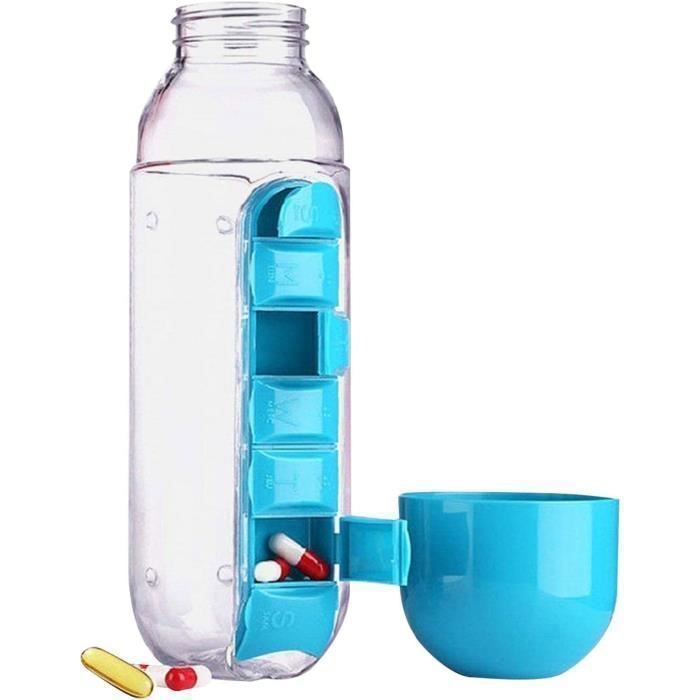 Bouteille d'eau Portable pour pilulier hebdomadaire Pilulier Quotidien 2 en 1 avec gobelet à Eau - Bouteille de pilulier A569