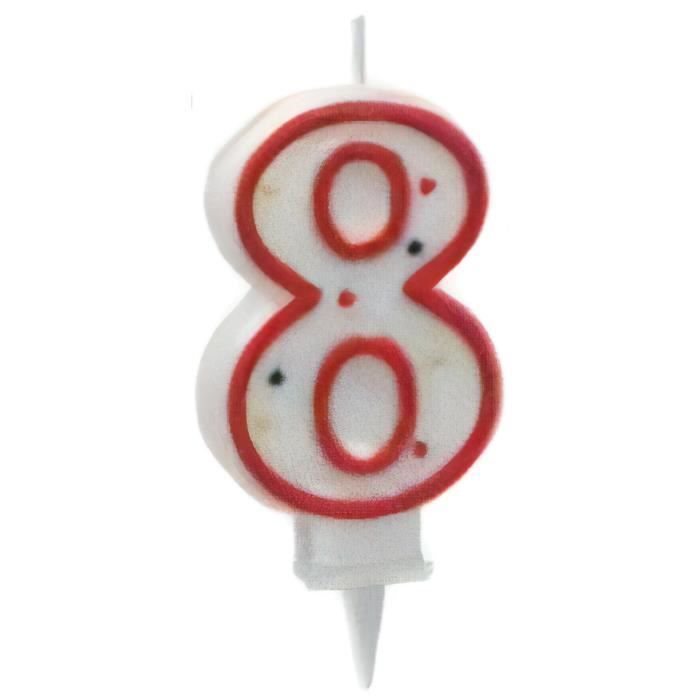 Metaltex bougie numéro 8 cire 8 cm rouge/blanc