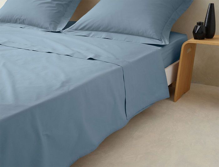 Drap - LINVOSGES - 240x310 cm - Percale - Bleu Brume - Finition bourdon ton sur ton