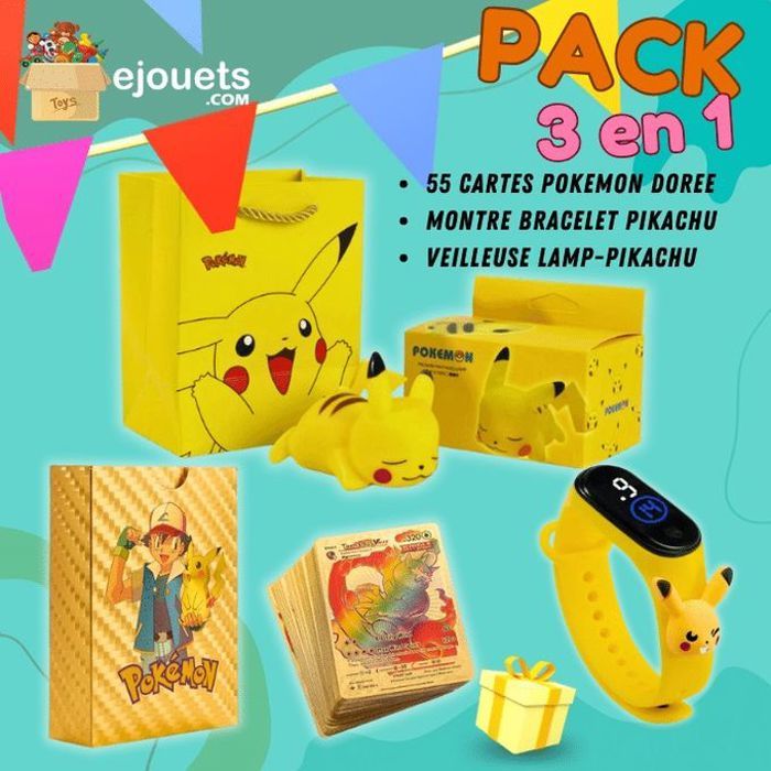Lot de 55 cartes Pokémon dorées + Veilleuse Pikachu + Montre Pikachu