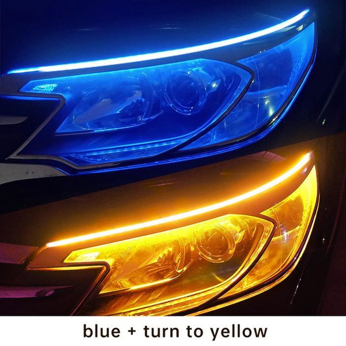 Feux de jour LED pour voiture,bande Flexible et étanche,feux de voiture,feux de freinage,60CM,2pes Blue To Yellow