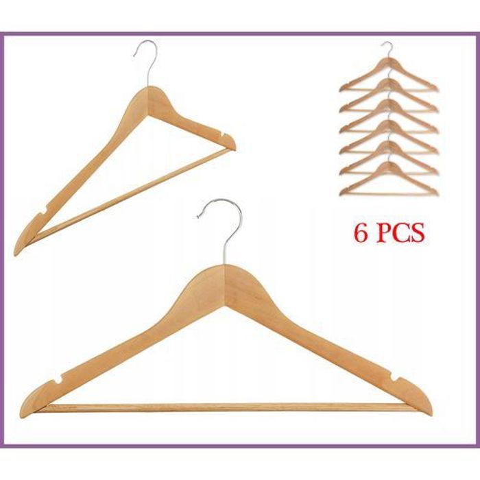 6 x Cintres Bois Verni Naturel - Haut 23 cm X Long 44.5 cm
