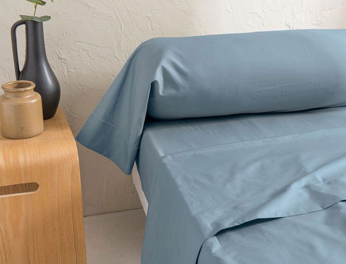 Drap - LINVOSGES - 270x310 cm - Percale - Bleu Brume - Finition bourdon ton sur ton