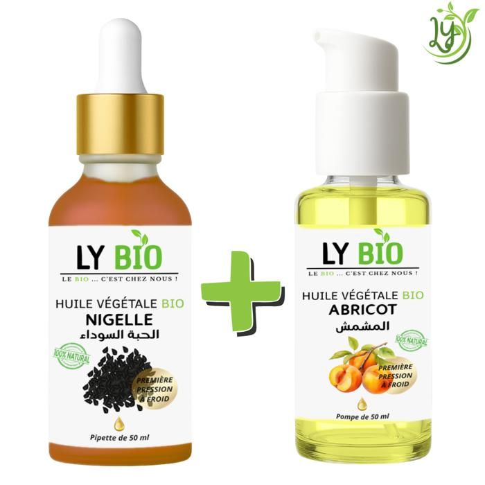 Pack Huile - LYBIO - Huile Nigelle 50ml - Pipette - Huile Abricot 50ml - Pompe