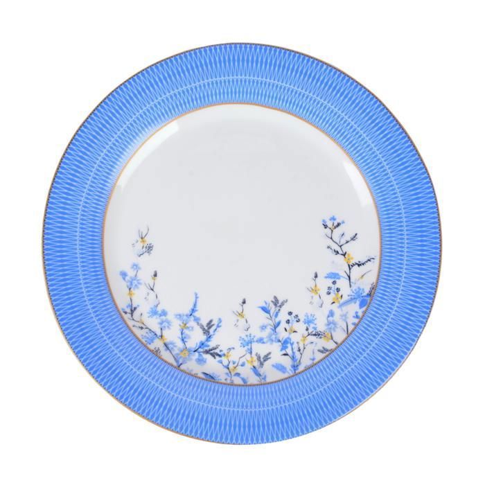 Assiette - FLOWERS - PETITE - Céramique - Bleu et blanc - Motif fleuri avec bordures dorées - 18cm