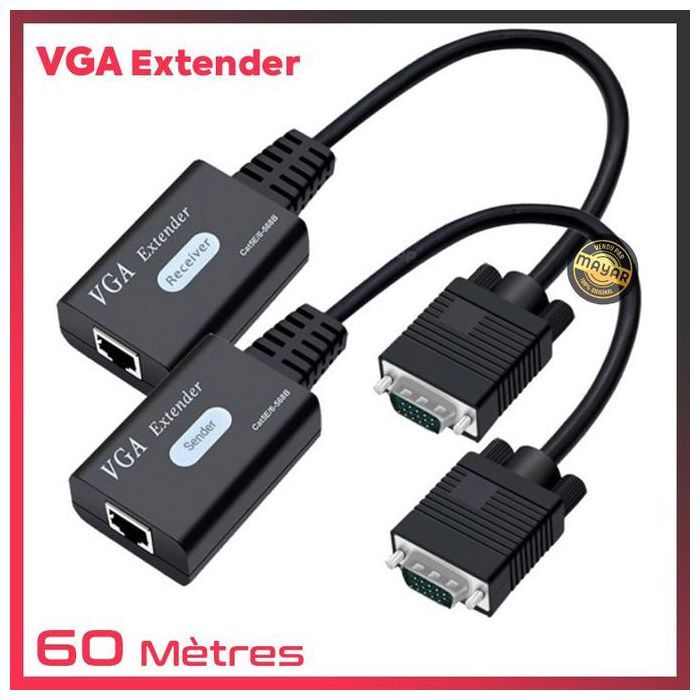 Extenseur VGA sur RJ45 Cat5e/6 – Transmetteur & Récepteur Extender jusqu’à 60 mètres – 1080P