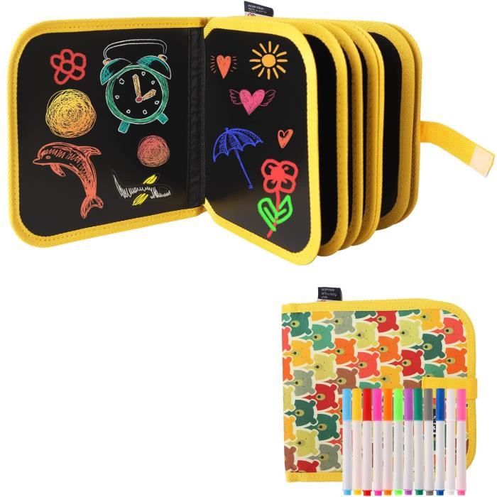 Livre de coloriage effaçable pour Enfants,Planche à Dessin Graffiti, Portable avec 12 stylos effaçables colorés 14 pages(Jaune)