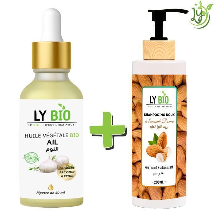 Pack Huile Ail 50ml - Shampooing Amande Douce 200ml - Nourrissant - Adoucissant - Tous types de cheveux
