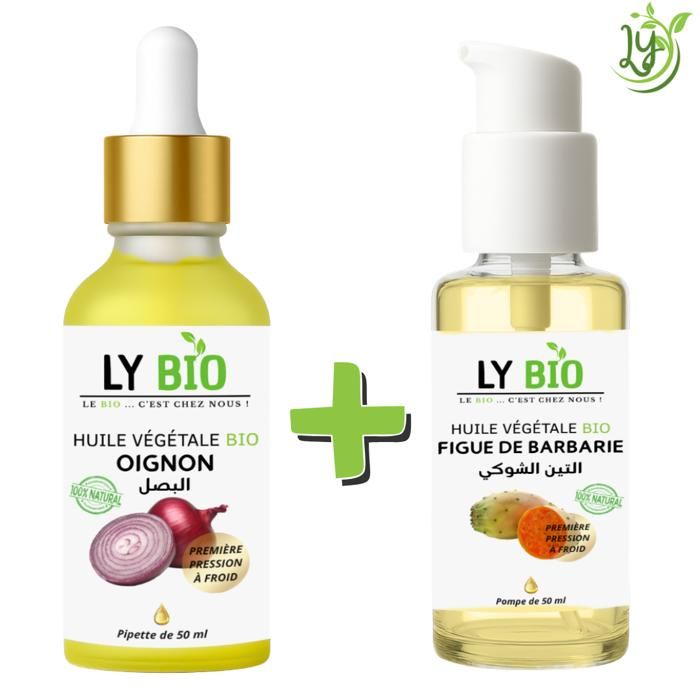 Pack de soins naturels - LYBIO - Huile Oignon 50ml - Pipette - Huile Figue de Barbarie 50ml - Pompe