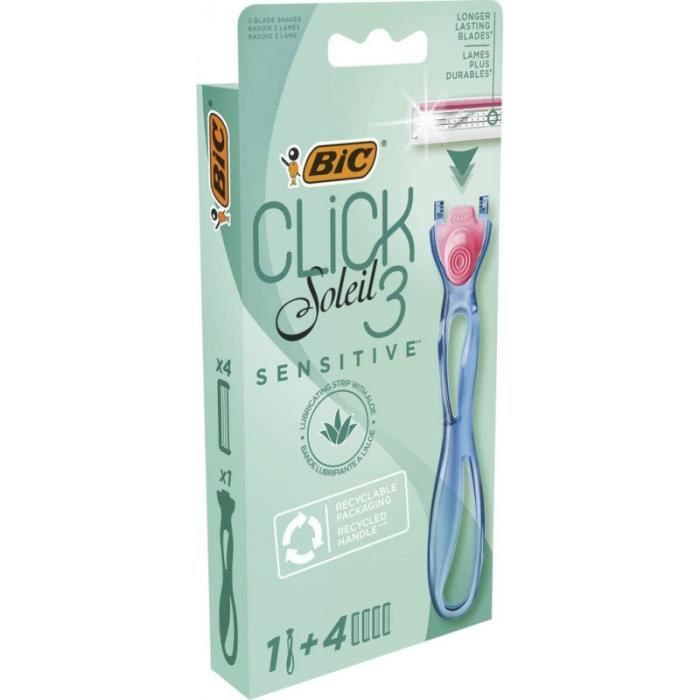 Rasoir Féminin - BIC - Click Soleil 3 Sensitive - 3 Lames Mobiles - Kit 1 Manche + 4 Recharges - Bleu