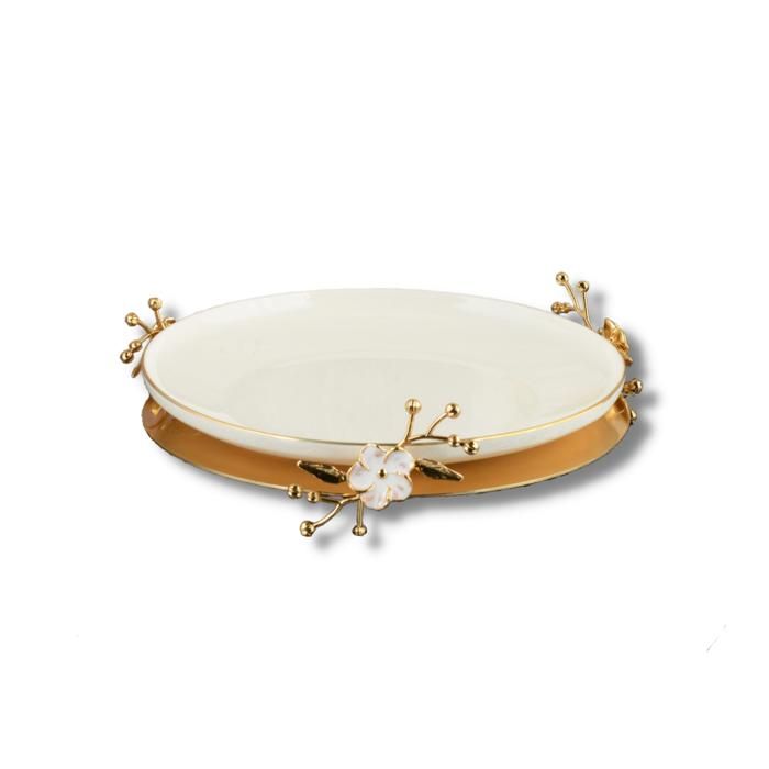 ASSIETTE PORCELAINE BLANCHE AV SOUS PLAT FLORAL DORE 22 CM