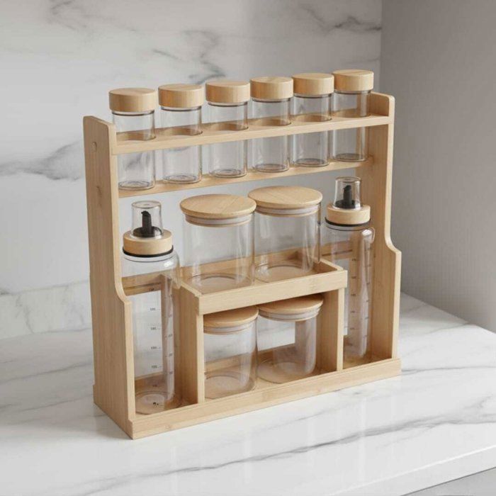RANGEMEMENT ET ORGANISATEUR  12 PIECES  AVEC BOITES À ÉPICES EN VERRE ET COUVERCLE AN BAMBOU NATUREL