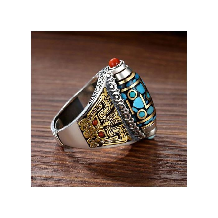 Bague tibétaine - GENERIC - Mantra - Perle Dzi 9 yeux - Turquoise - Pour ma fille