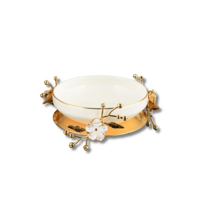 ASSIETTE PORCELAINE BLANCHE AVEC SOUS PLAT FLORAL DORE 15 CM