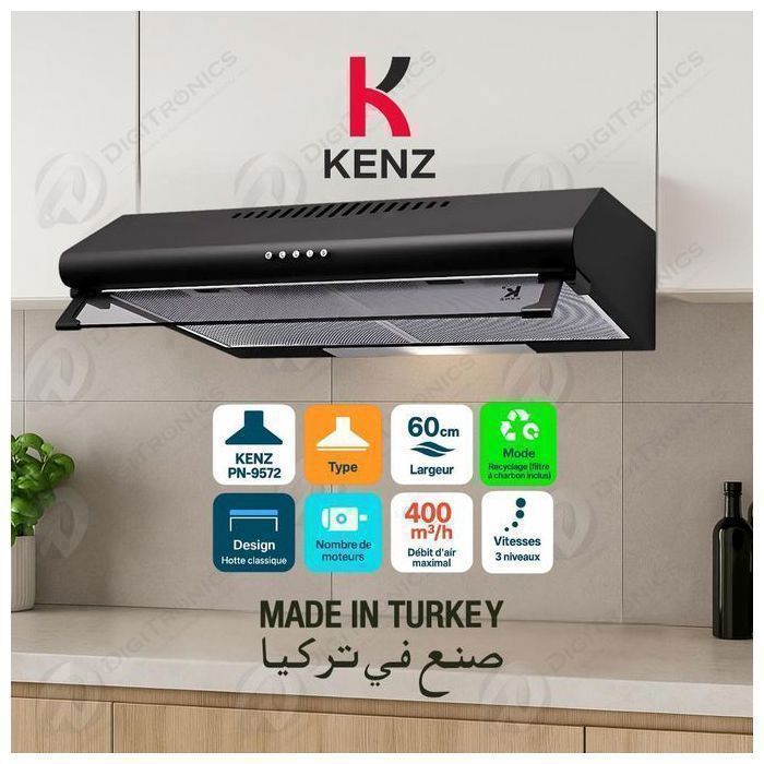Hotte aspirante - KENZ - PN-9572 - 60 cm - 1 moteur - 3 vitesses - Recyclage