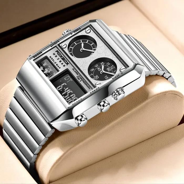 montre-bracelet carrée de luxe pour hommes, en acier inoxydable (gris)