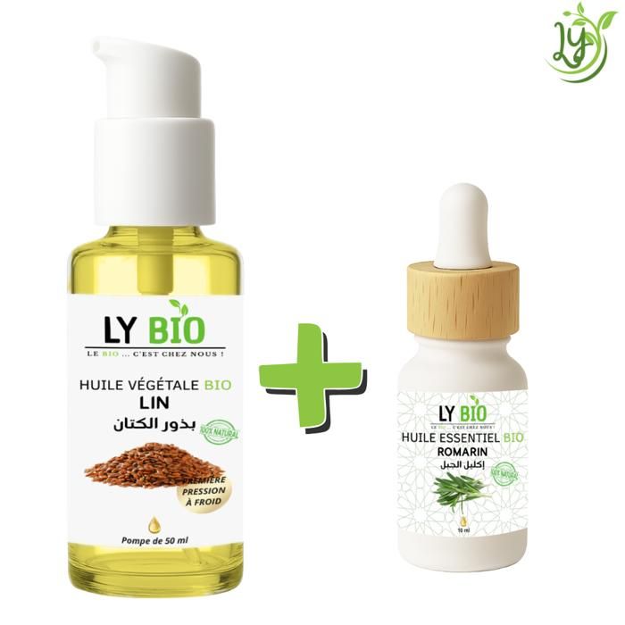Pack de soins - LYBIO - HUILE LIN 50ML - POMPE - HUILE ESSENTIEL ROMARIN 10ML - Hydratant