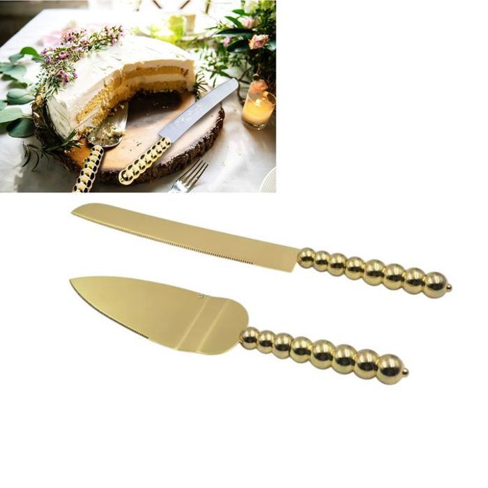 Ensemble de couteaux à gâteaux de mariage avec pelle dorée, parfait pour les fêtes et Noël.