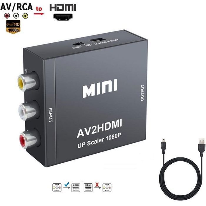 Convertisseur de Signal RCAA vers HDMI AV 1080p AV2HDMI pour TV, VHS VCR, enregistrement DVD